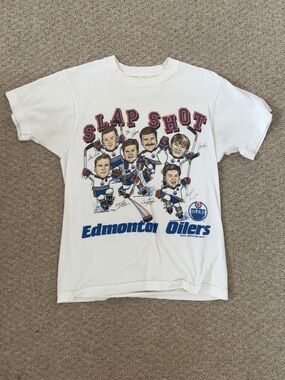 Vintage Edmonton Oilers 'Slap Shot' White Graphic T-Shirt